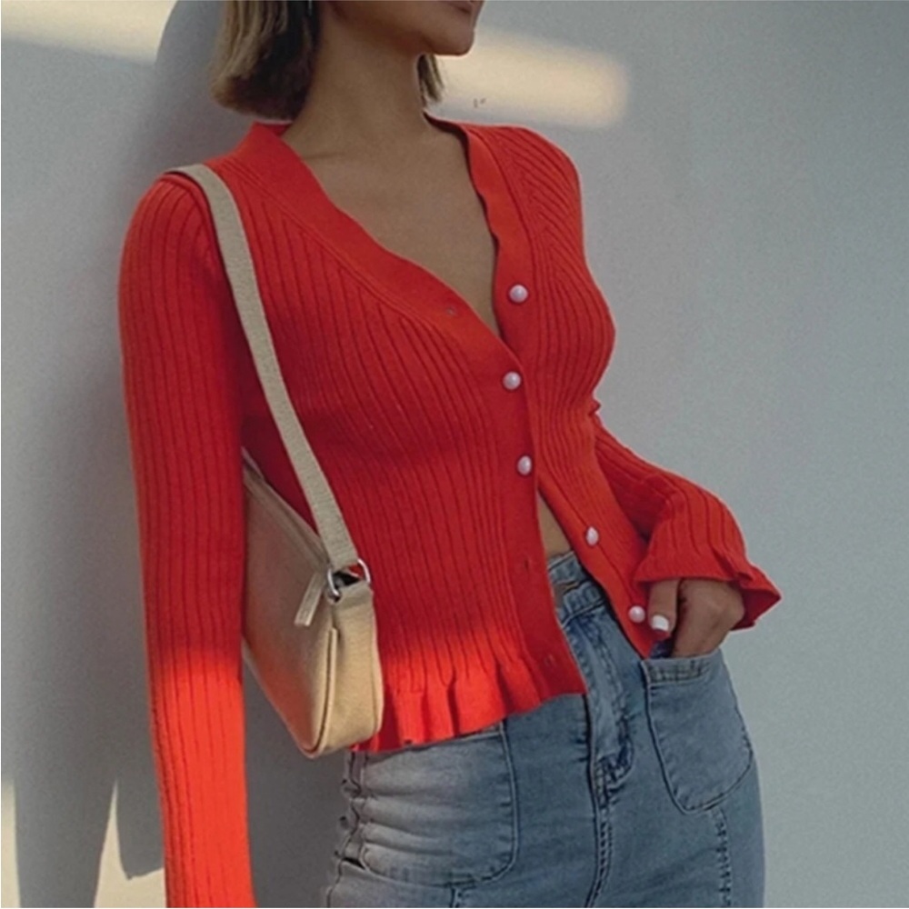 COMMENSE Vibrant Red Ribbed Cardigan